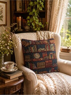 Vintage Library Bookshelf Tapestry Pillow Dark Academia Cottagecore 15"